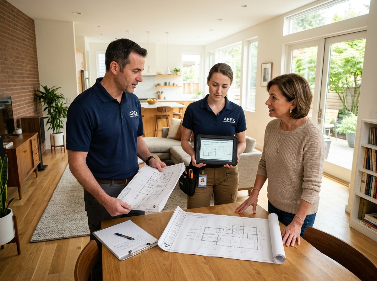 Doctor Maintenance technical team reviewing property plans with homeowner